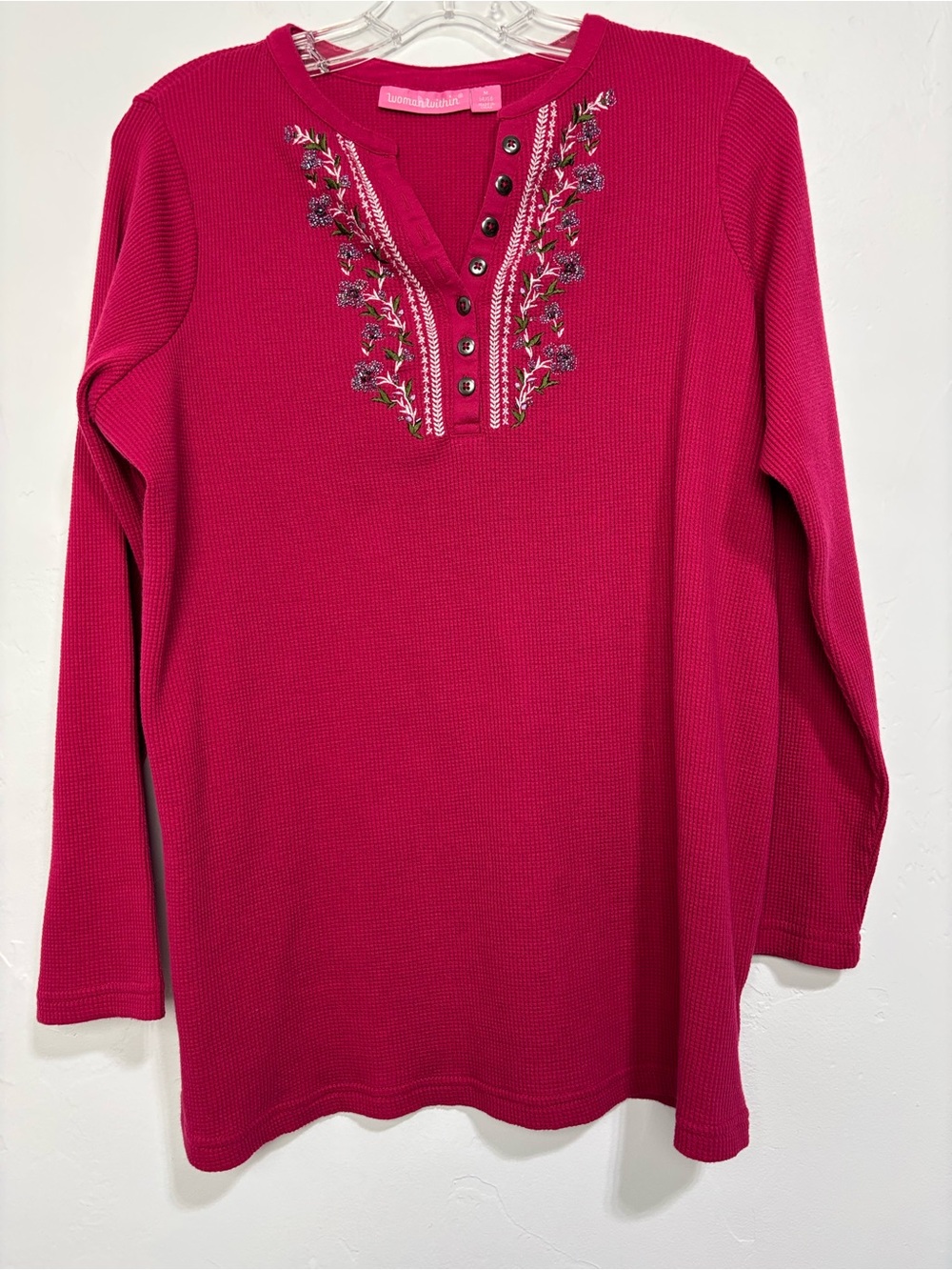 Woman Within Pink Waffle Knit Embroidered Floral Henley Button Top M 14/16